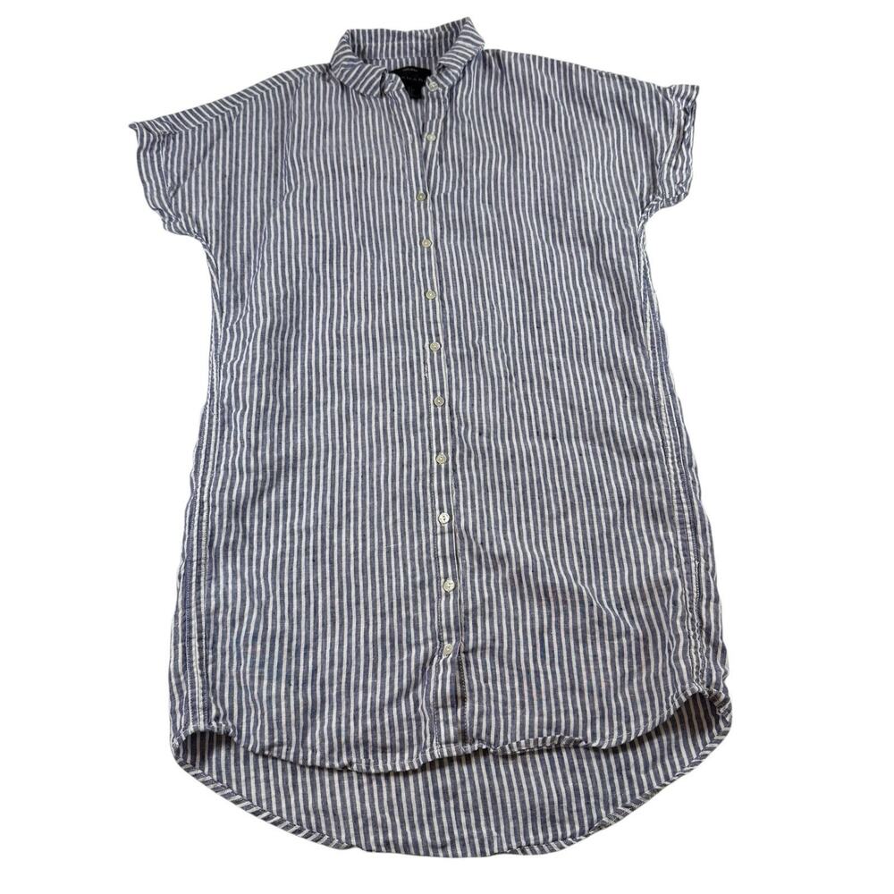 Tahari 100% Linen Striped Shirt Dress Small Blue White Button Down